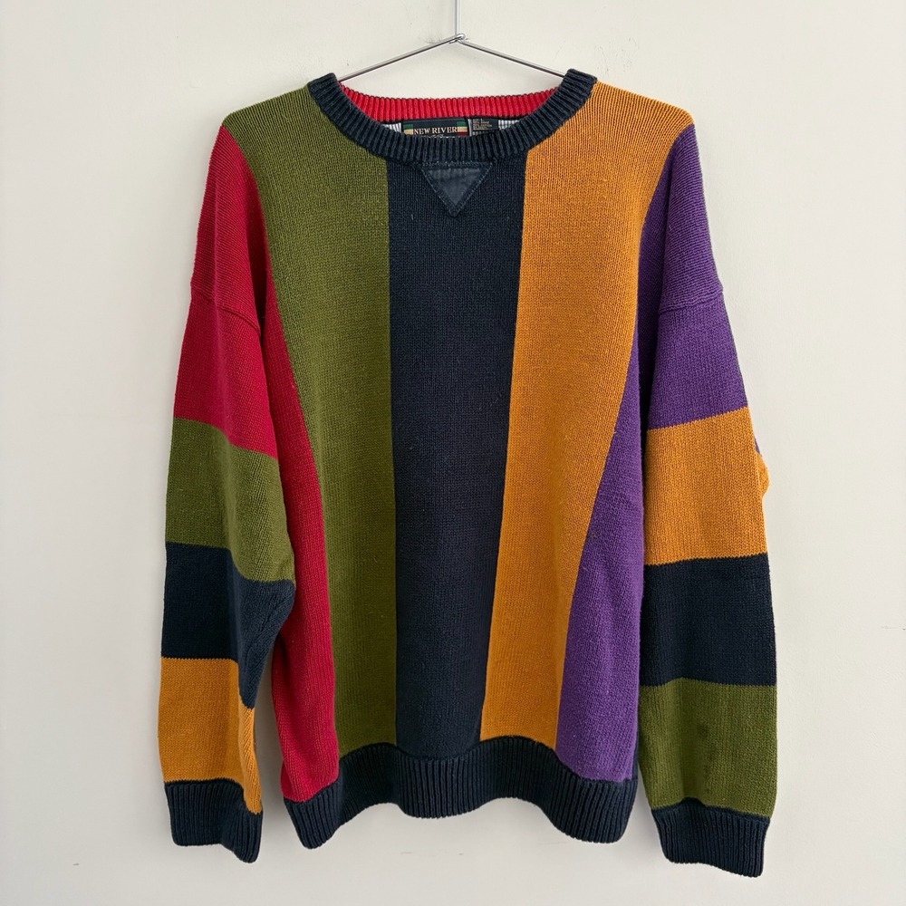 New River Mens Colorblock Knit Sweater Multicolor Ramie Cotton Large
